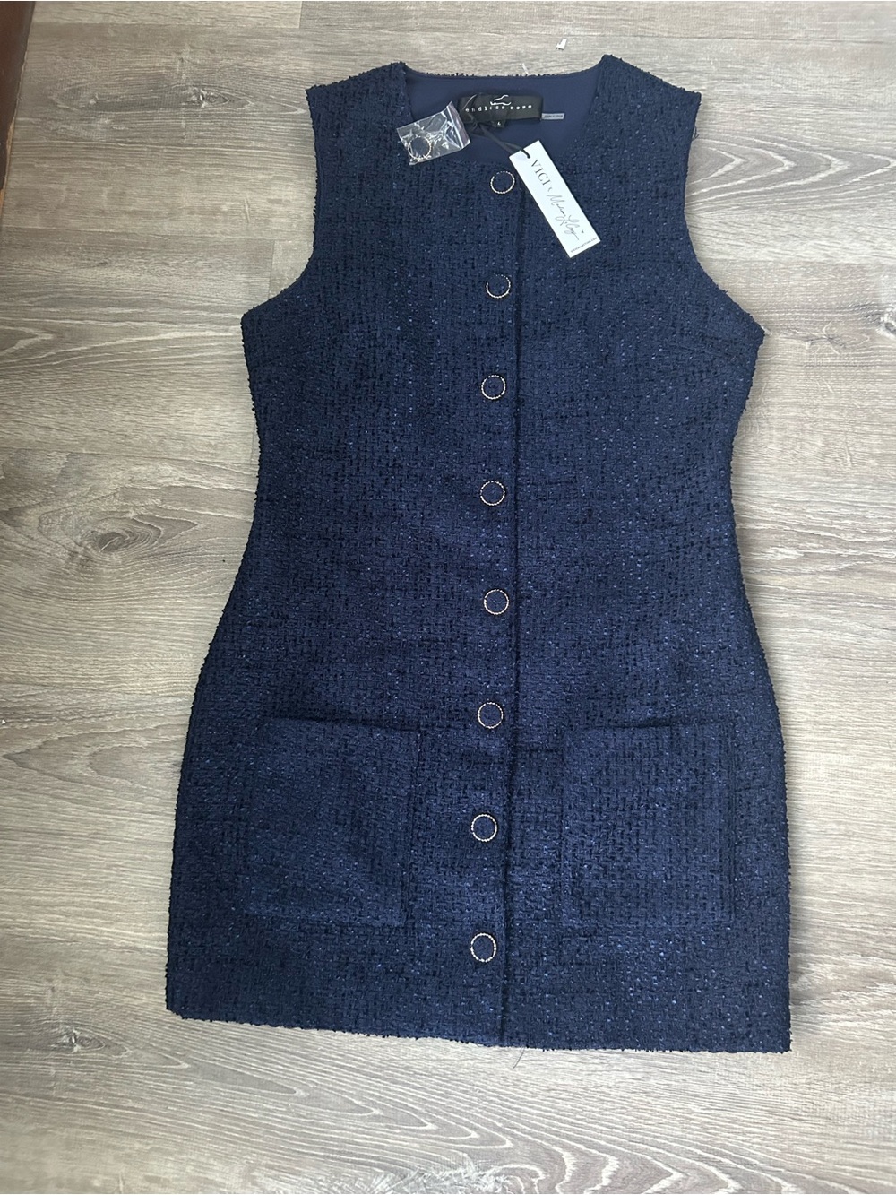 Endless Rose x VICI Navy Tweed Sleeveless Button-Front Mini Dress